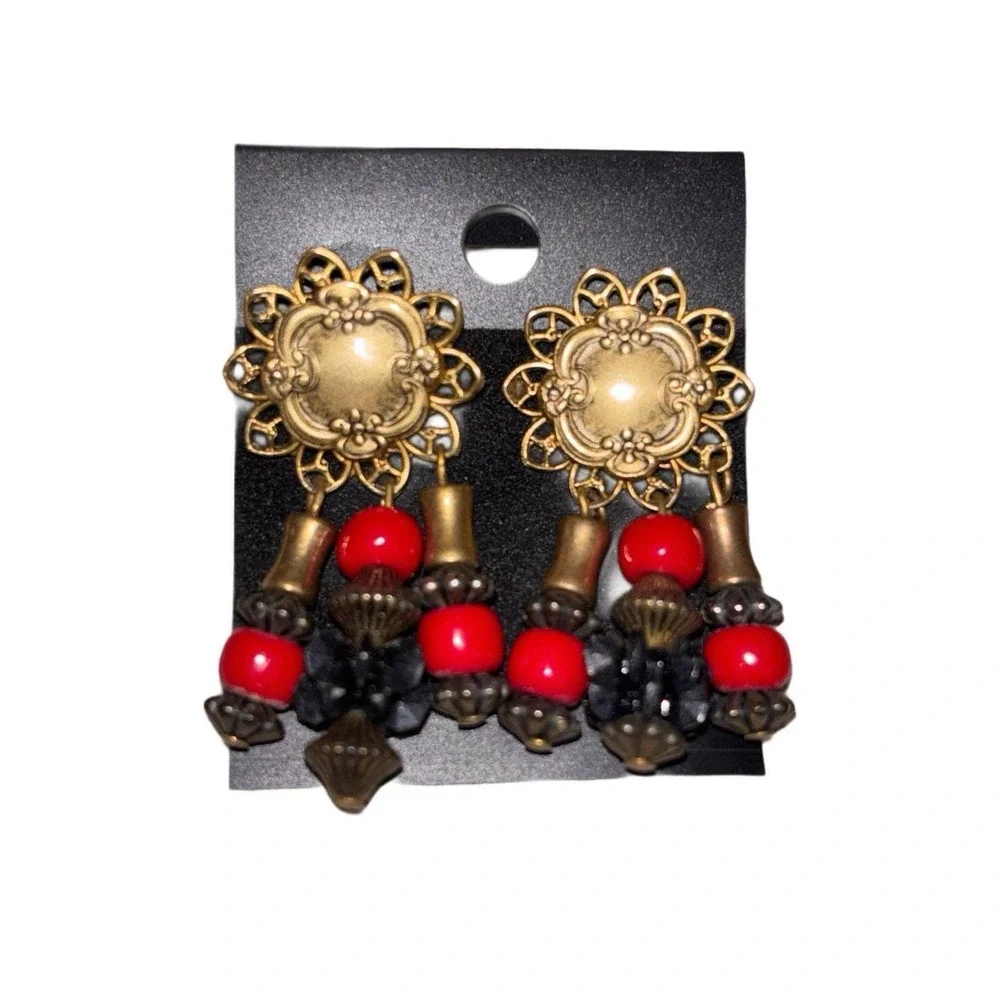 Vtg Goldtoned‎ Metal Earrings w Multicolor Dangling Beads Retro Statement